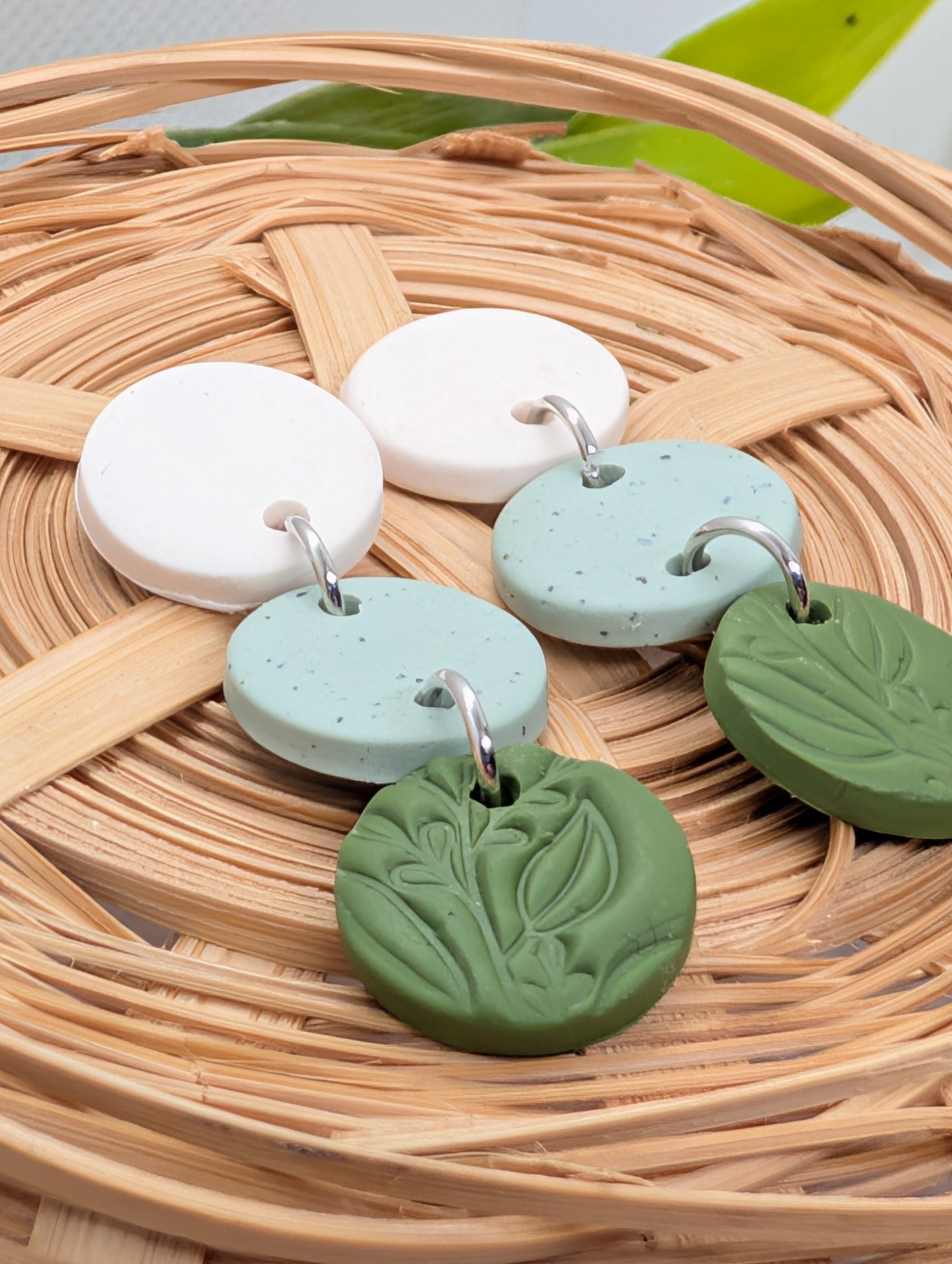 Product Title: Botanical Gradient Statement Earrings | White, Speckled Mint & Embossed Moss Green Polymer Clay Dangles