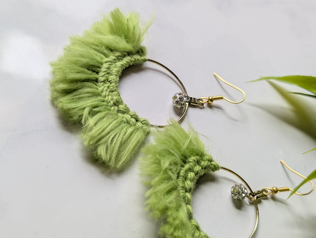 Handmade Lime Green Macrame Fringe Hoop Earrings with Crystal Pave Charm | Boho Fiber Art Jewelry