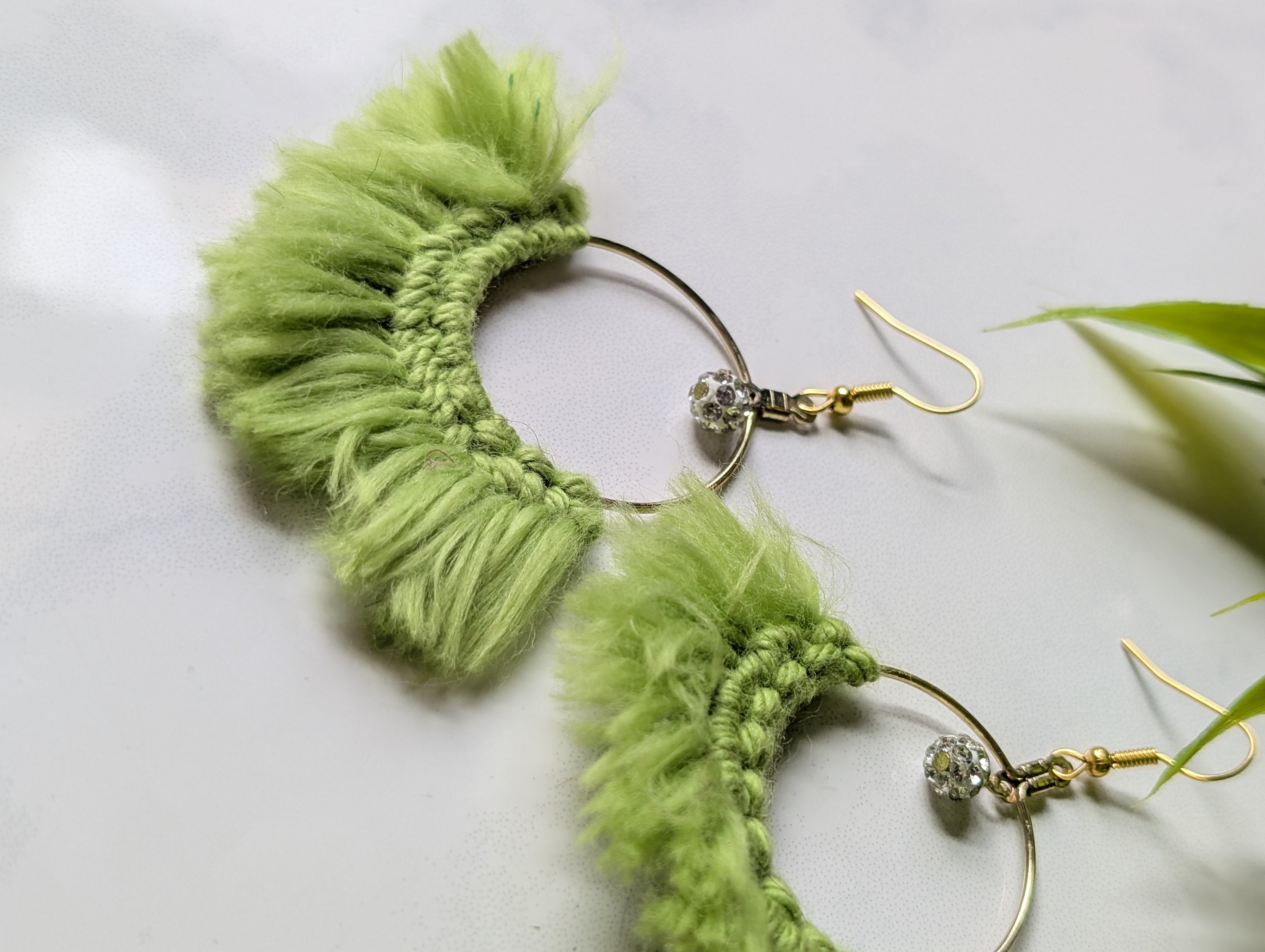 Handmade Lime Green Macrame Fringe Hoop Earrings with Crystal Pave Charm | Boho Fiber Art Jewelry