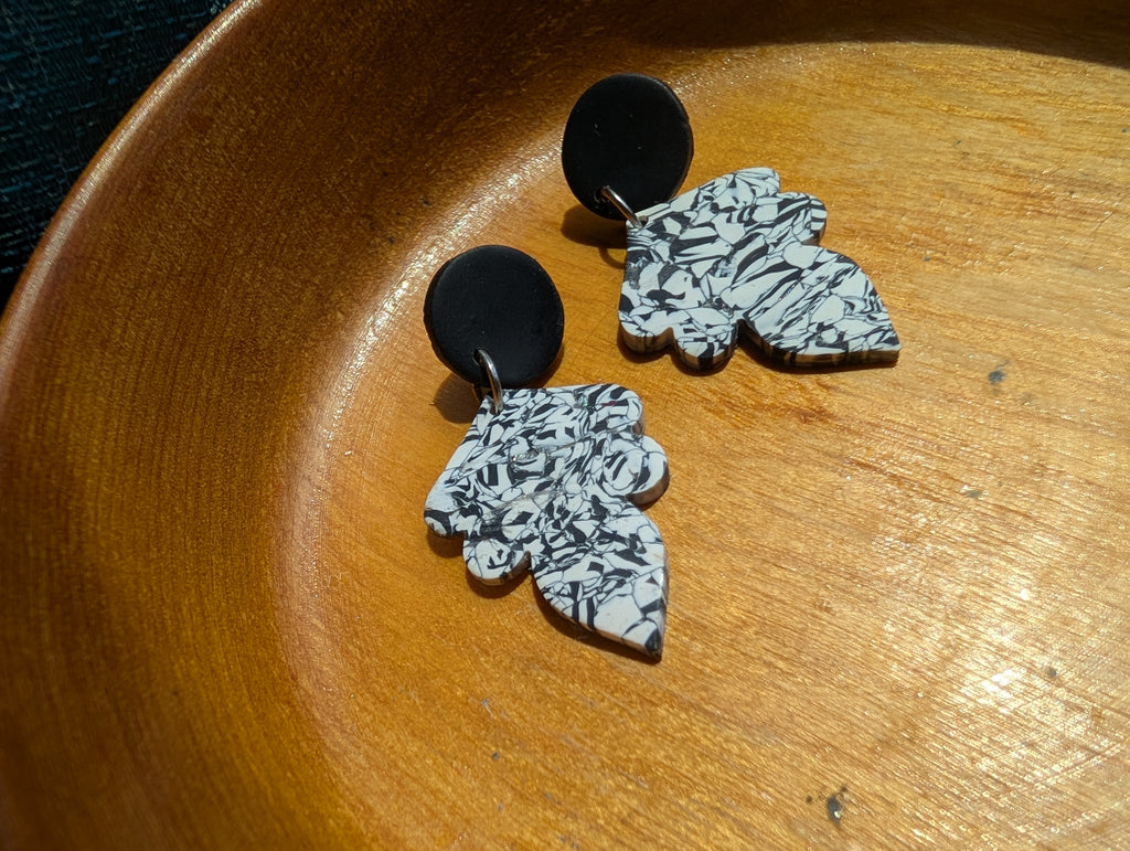 Monochrome Mosaic Scalloped Drops | Black & White Handcrafted Polymer Clay Statement Earrings