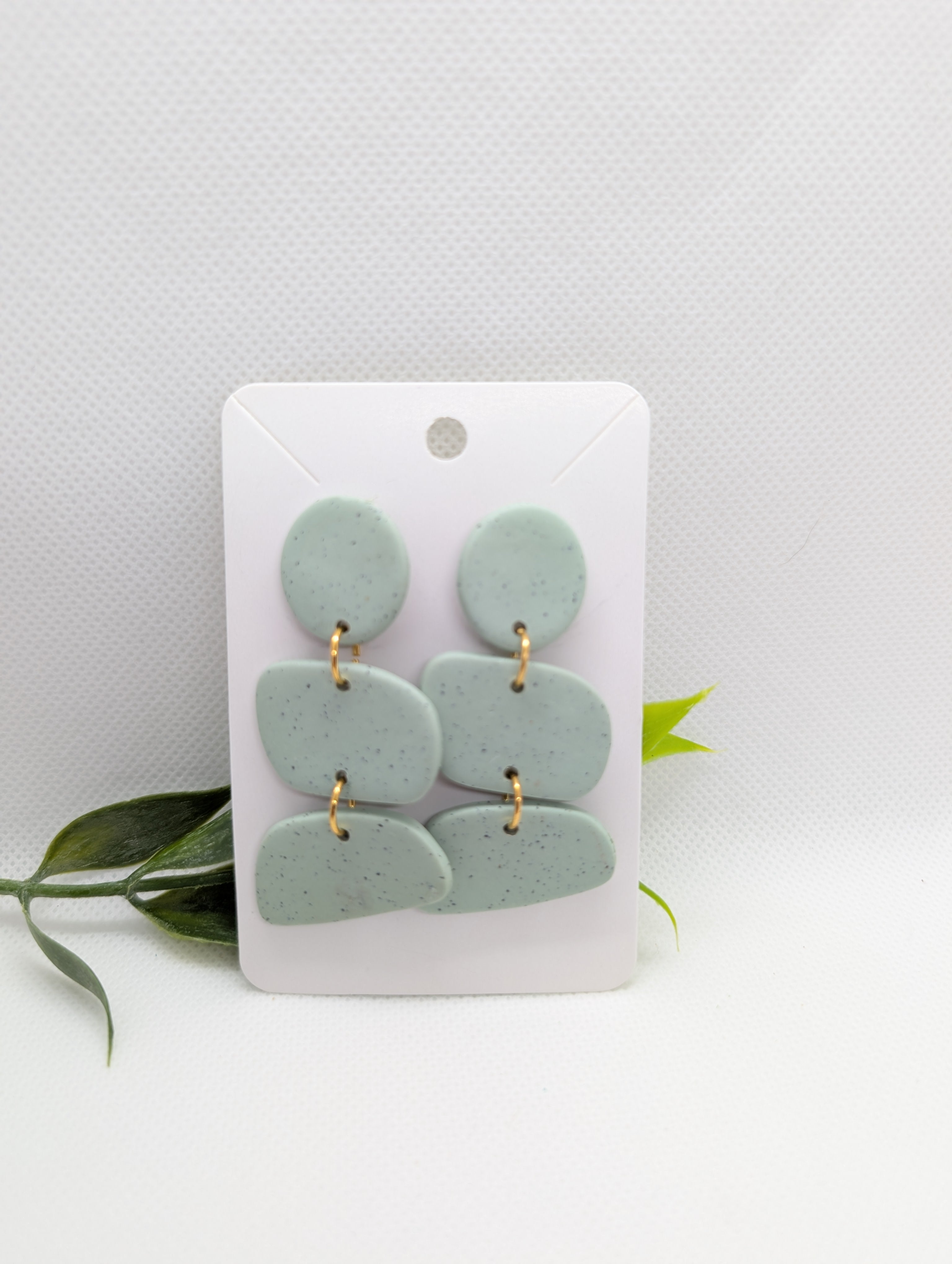 Sage Green Speckled Granite Polymer Clay Statement Earrings | Earthy Teardrop Geometric Dangles