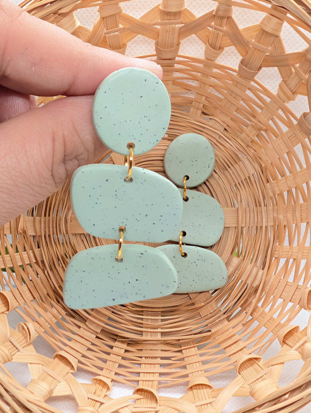 Sage Green Speckled Granite Polymer Clay Statement Earrings | Earthy Teardrop Geometric Dangles