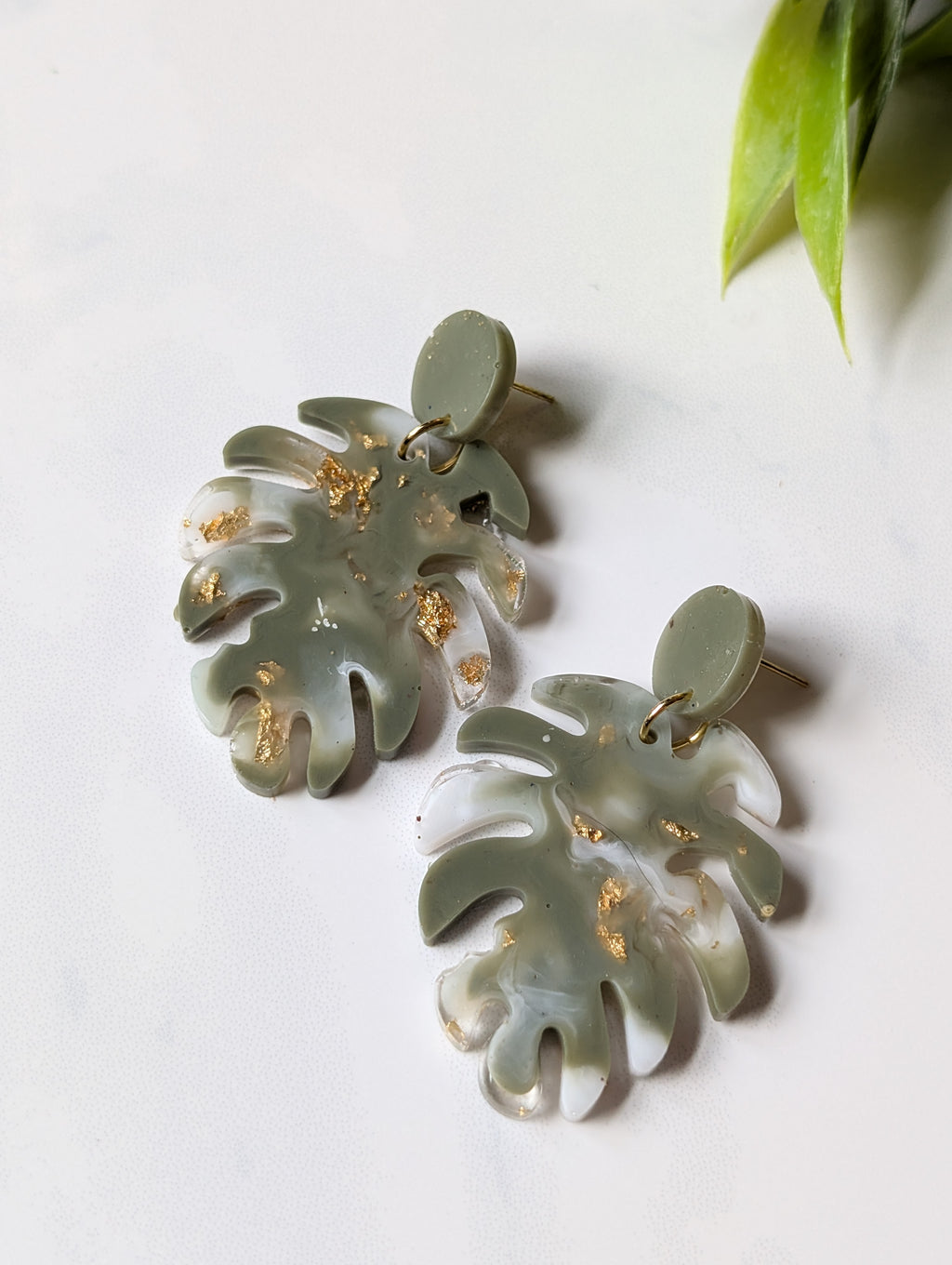 Sage Green Marble Monstera Leaf Earrings | Handmade Polymer Clay & Gold Flake Tropical