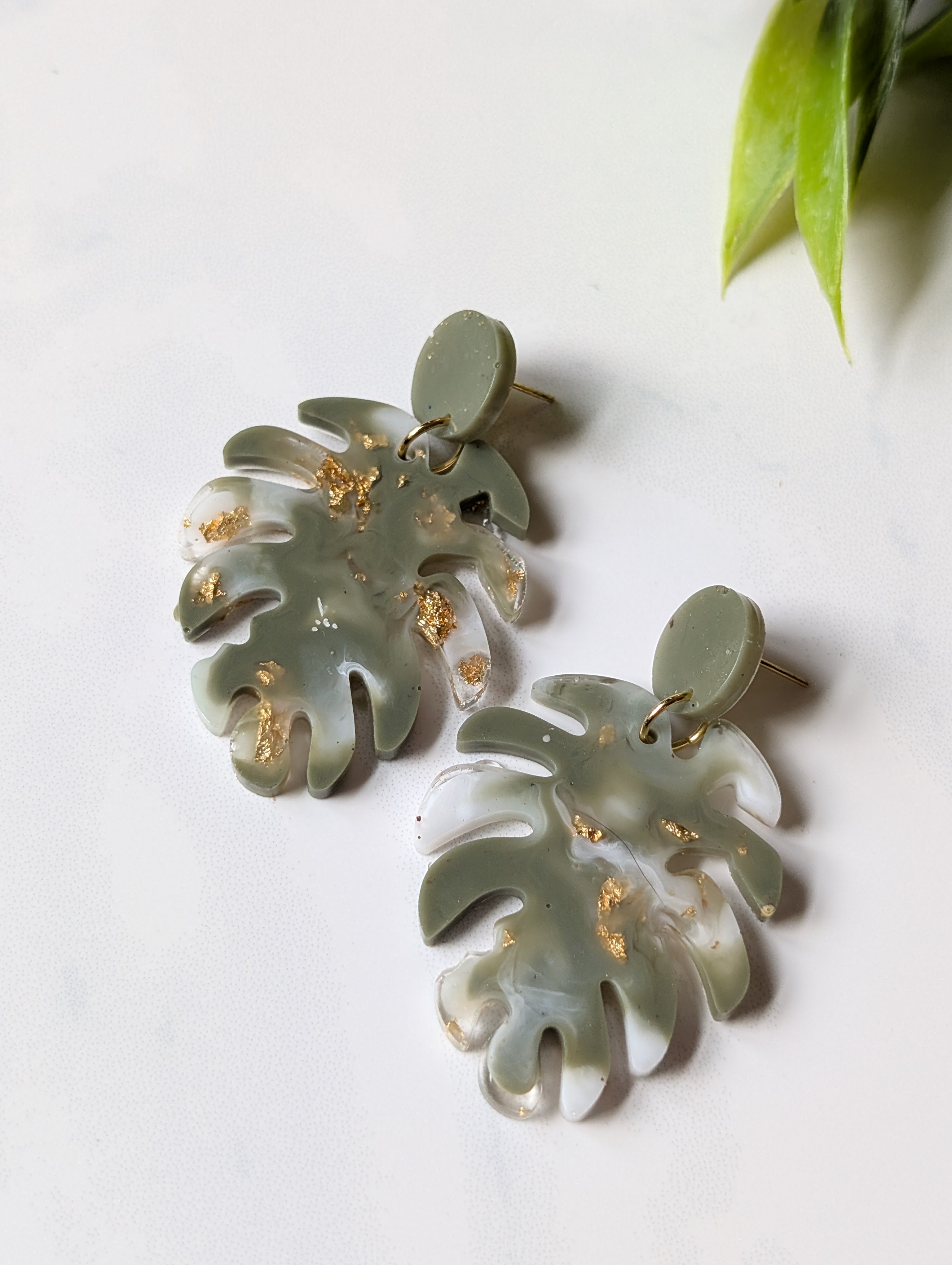 Sage Green Marble Monstera Leaf Earrings | Handmade Polymer Clay & Gold Flake Tropical