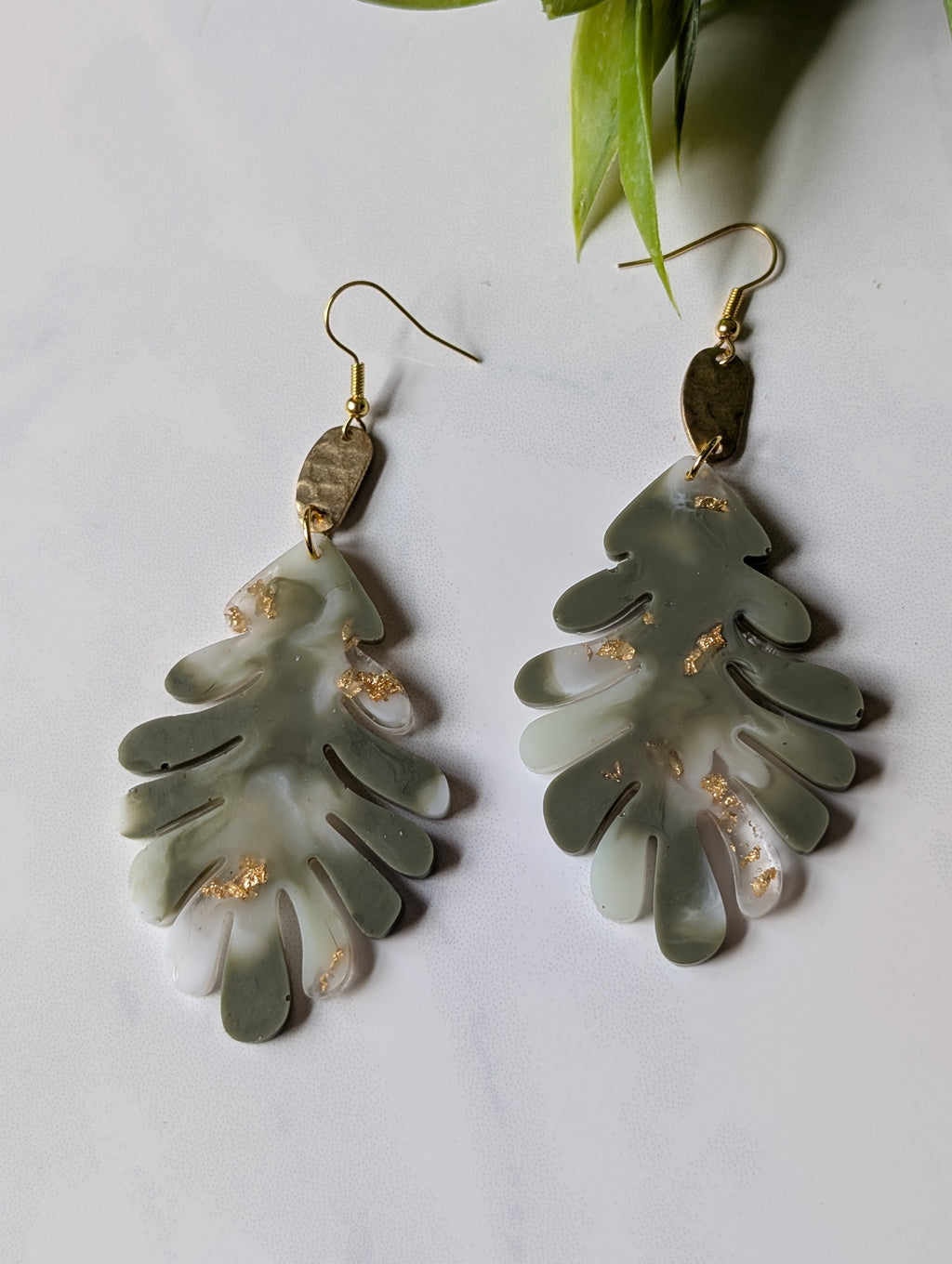 Sage Green Marble Monstera Leaf Earrings