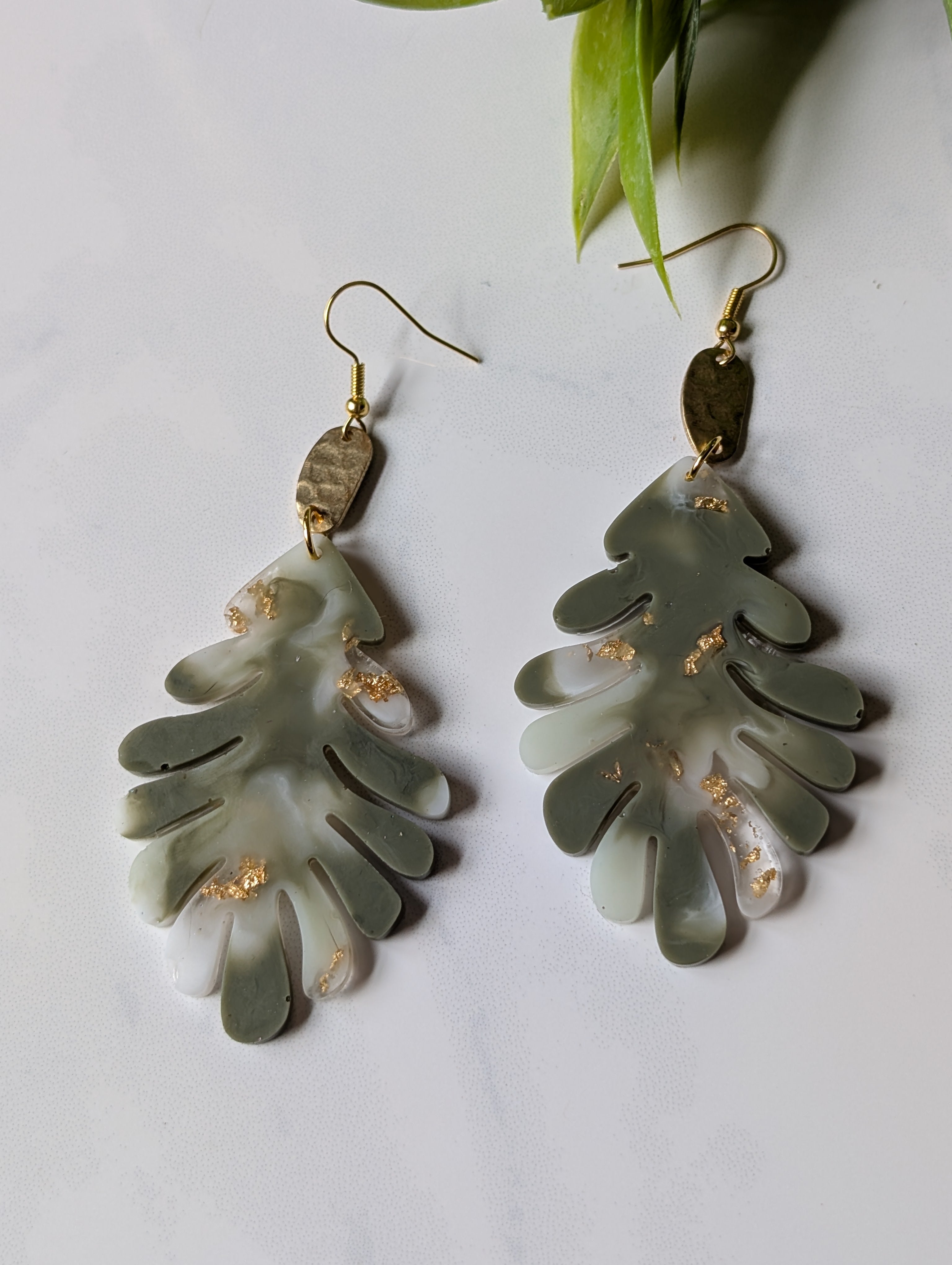 Sage Green Marble Monstera Leaf Earrings