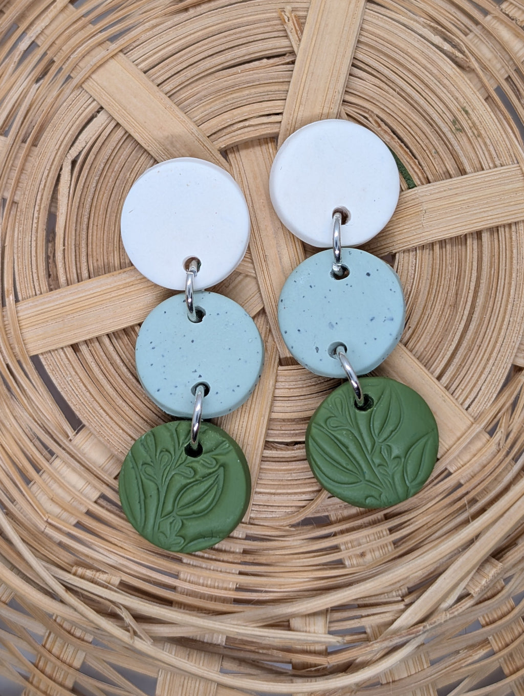Product Title: Botanical Gradient Statement Earrings | White, Speckled Mint & Embossed Moss Green Polymer Clay Dangles