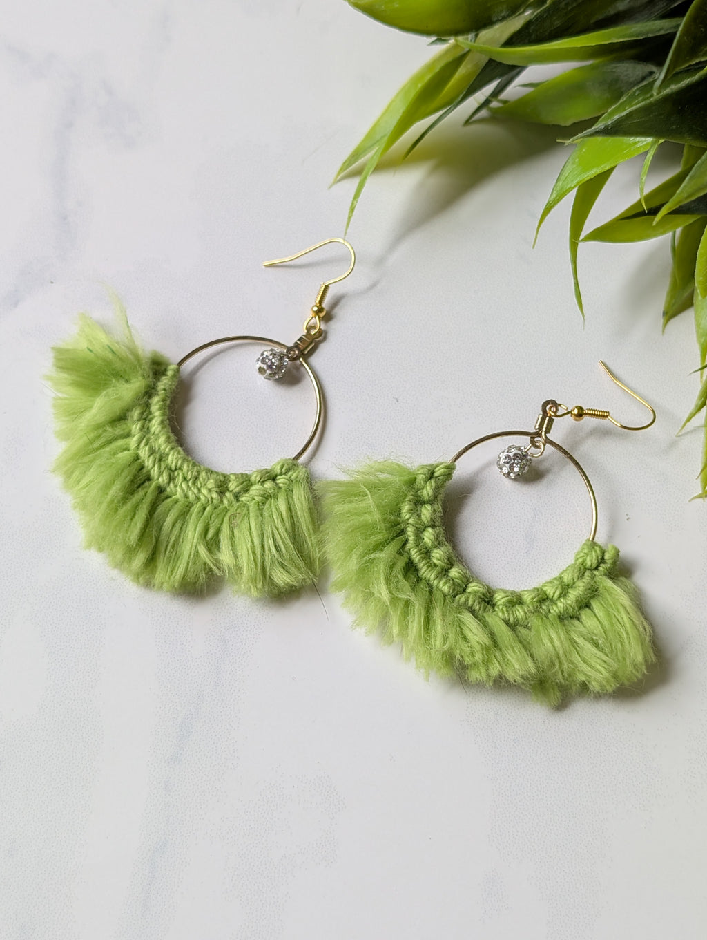 Handmade Lime Green Macrame Fringe Hoop Earrings with Crystal Pave Charm | Boho Fiber Art Jewelry