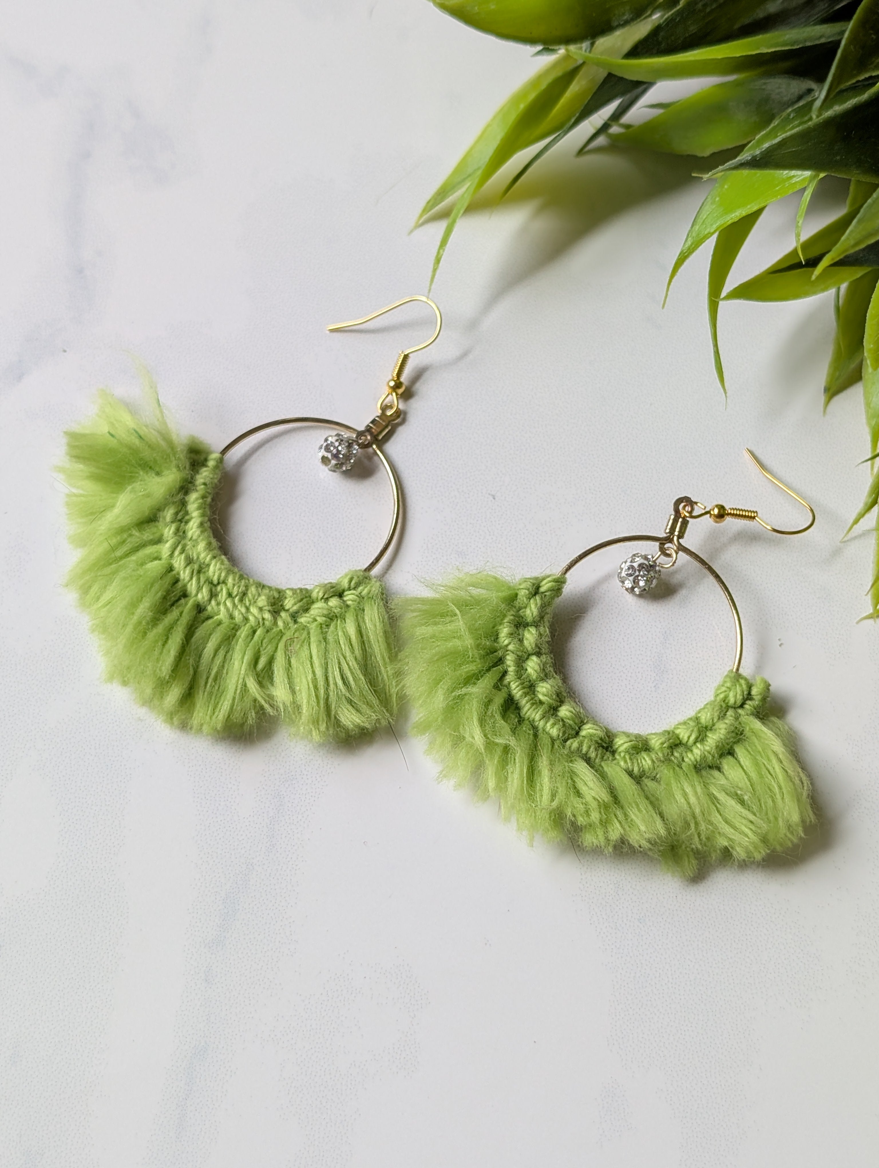 Handmade Lime Green Macrame Fringe Hoop Earrings with Crystal Pave Charm | Boho Fiber Art Jewelry