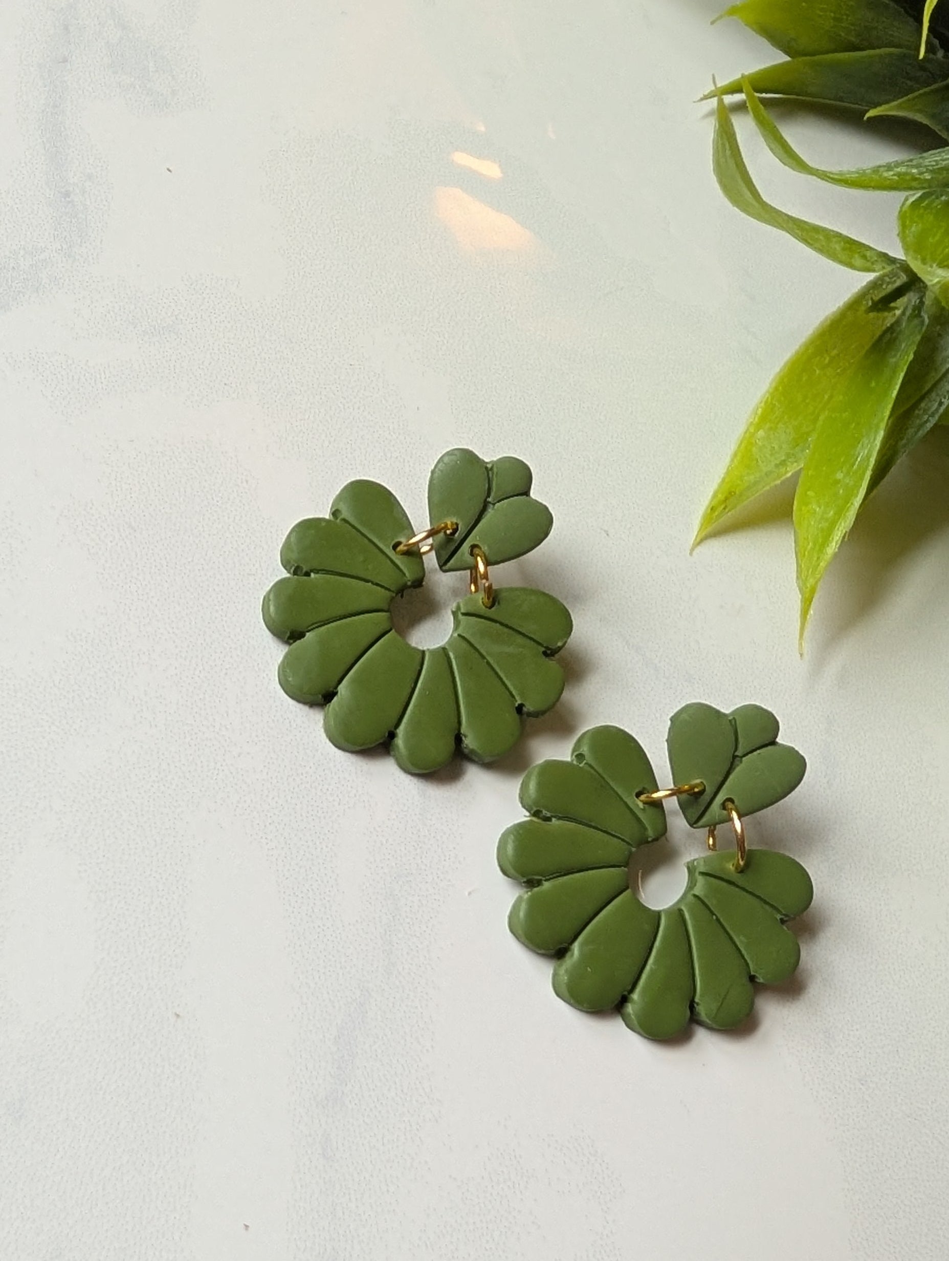 Olive Green Retro Flower Polymer Clay Earrings | Mod Floral Dangles
