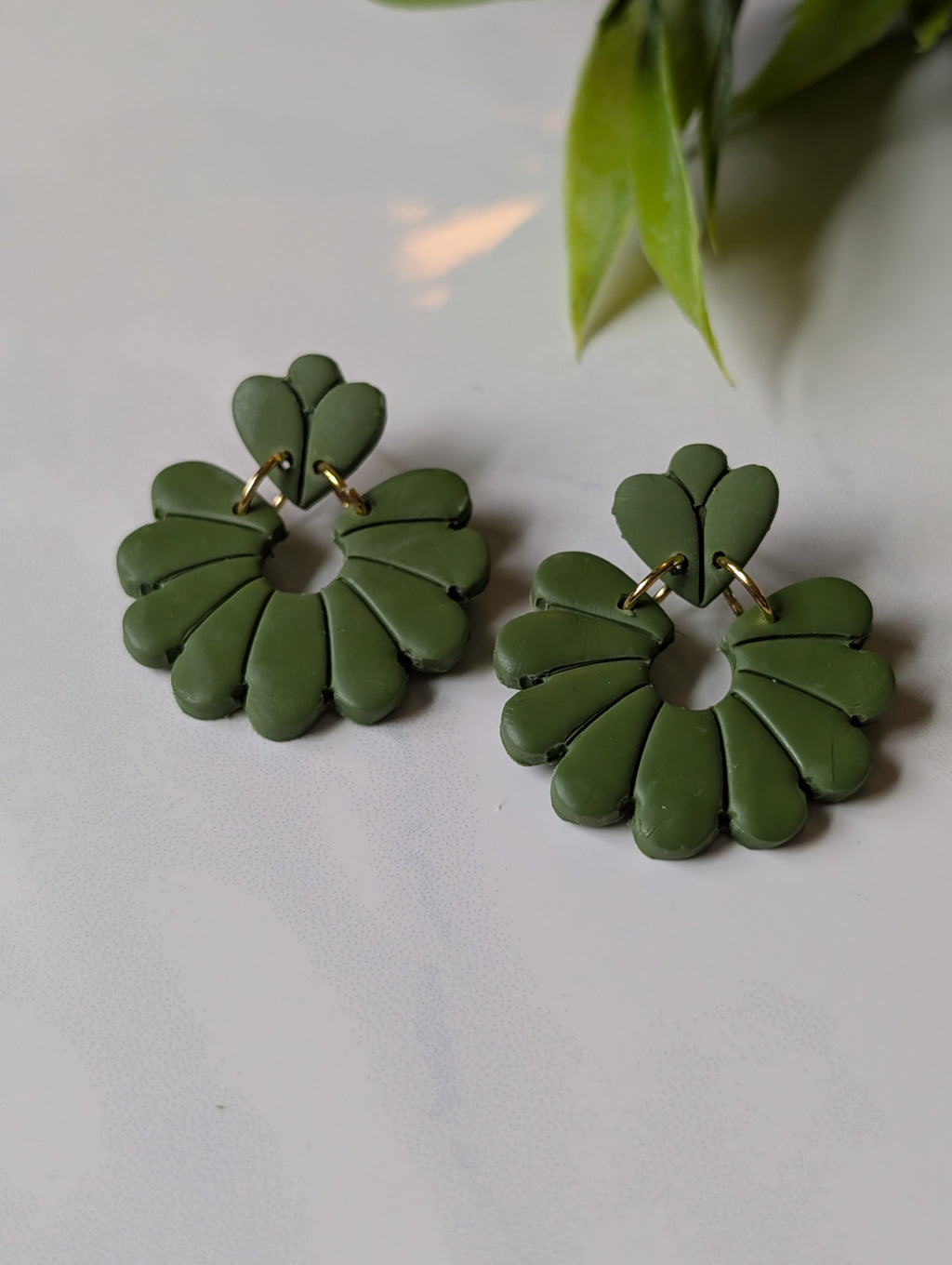 Olive Green Retro Flower Polymer Clay Earrings | Mod Floral Dangles