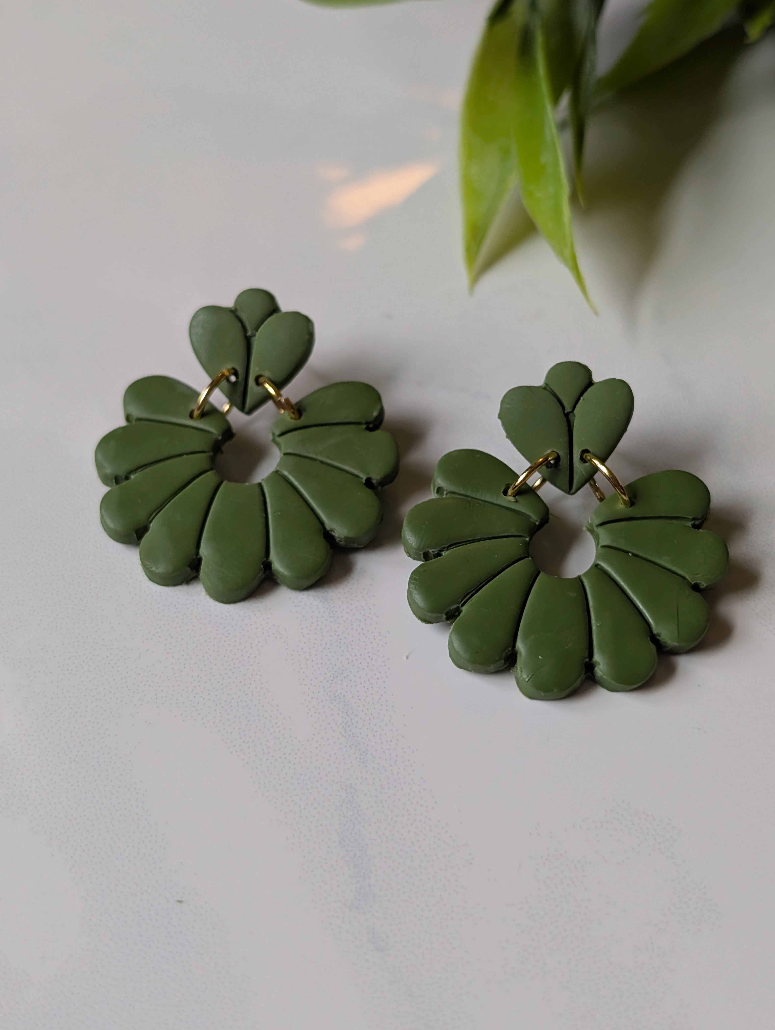 Olive Green Retro Flower Polymer Clay Earrings | Mod Floral Dangles