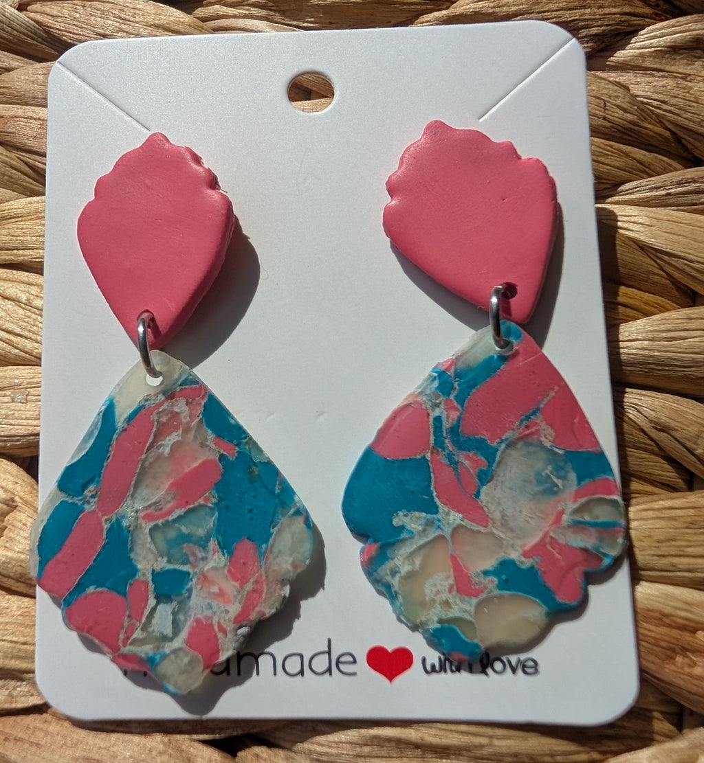 Pink and blue terrazzo inspired scalloped earrings