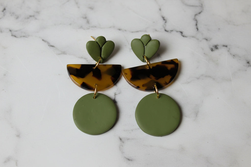 Olive Green and Tortoiseshell Geometric Earrings | Mixed Media Boho Dangles