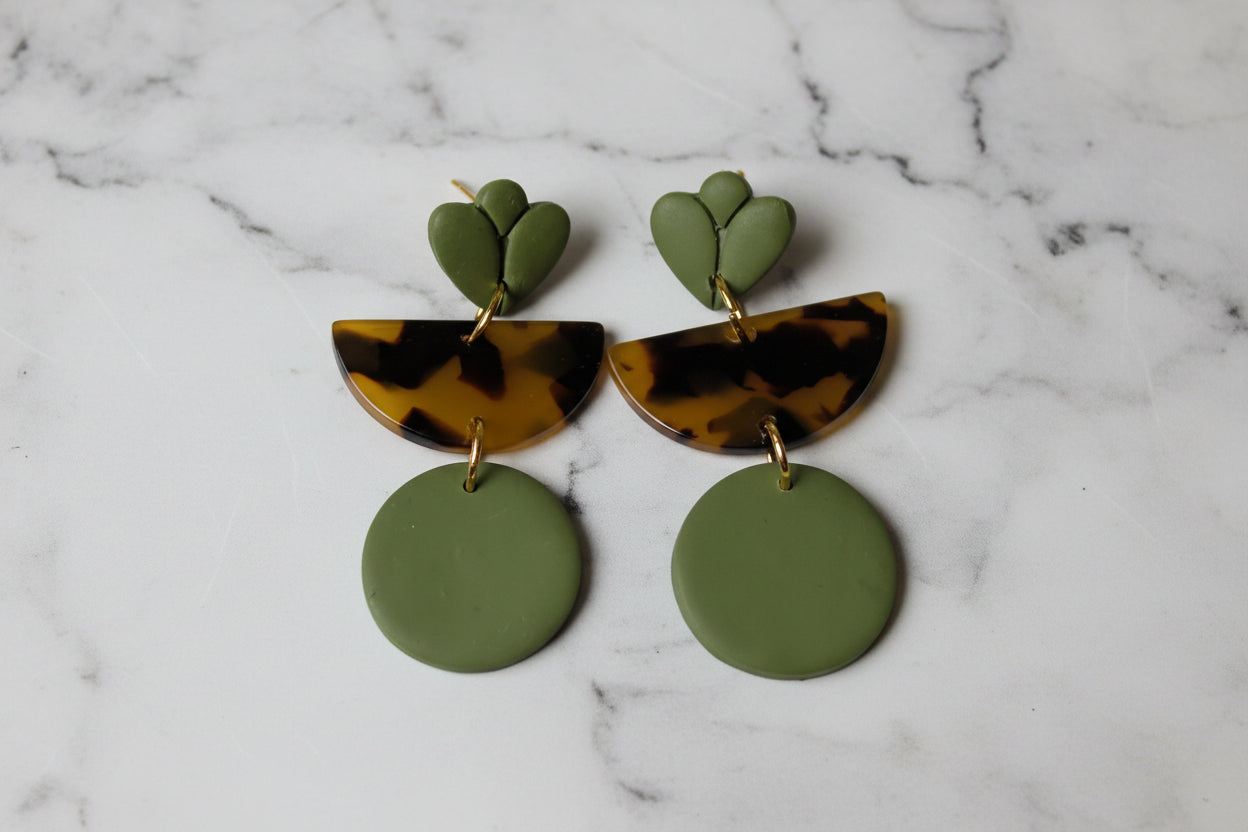 Olive Green and Tortoiseshell Geometric Earrings | Mixed Media Boho Dangles